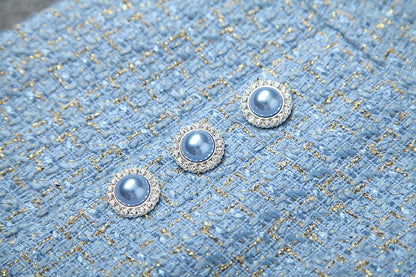 Single-breasted Tweed Blazers Mini A-line Skirt Suit Two-piece Set Blue Apricot