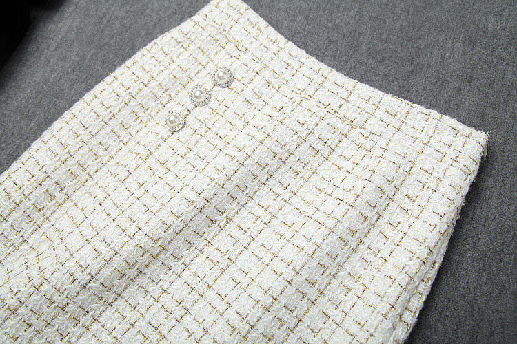 Single-breasted Tweed Blazers Mini A-line Skirt Suit Two-piece Set Blue Apricot