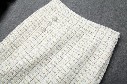 Single-breasted Tweed Blazers Mini A-line Skirt Suit Two-piece Set Blue Apricot