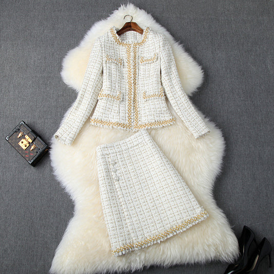 Single-breasted Tweed Blazers Mini A-line Skirt Suit Two-piece Set Blue Apricot