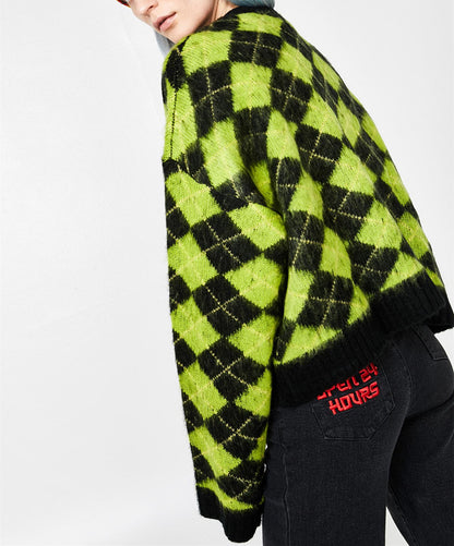 Single-breasted Checkerboard Knitting Short Cardigans