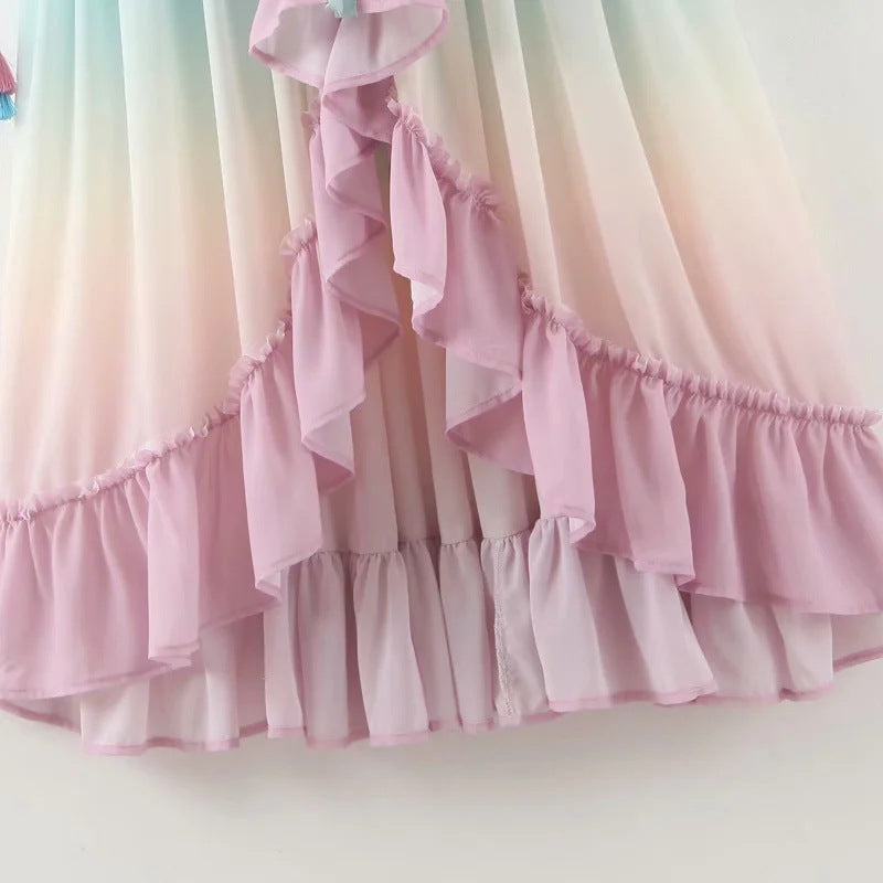 Rainbow Deep V Long Sleeve Gradient Vacation Maxi Dresses