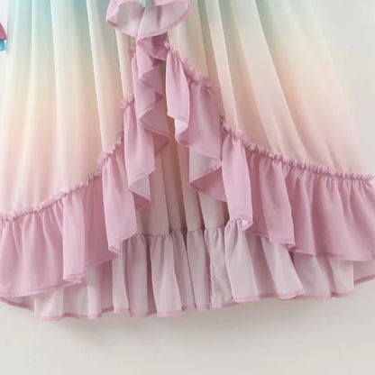 Rainbow Deep V Long Sleeve Gradient Vacation Maxi Dresses