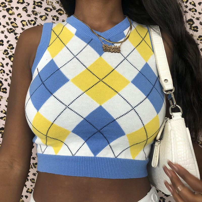 V-neck Knitting Lattice Crop Vest Sweater