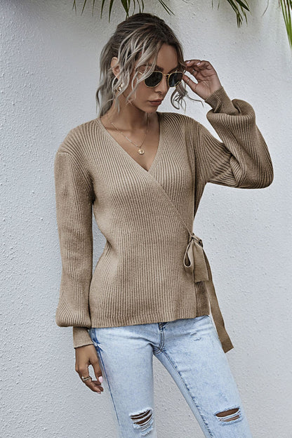 Lantern Sleeve Bow Tie V-neck Knit Sweaters Cardigans