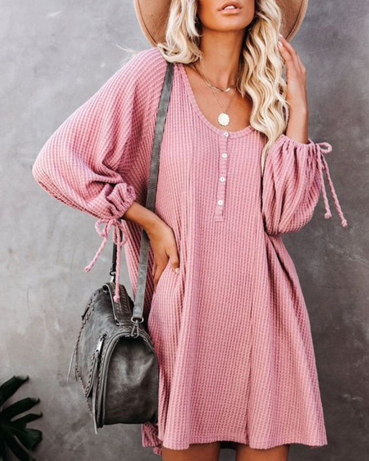 Knit Round Neck Ruffled Lace-up Mini Dresses