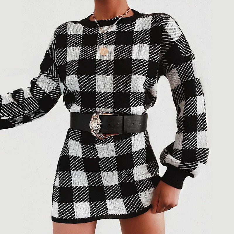 Lantern Sleeve Houndstooth Contrast Mini Dresses