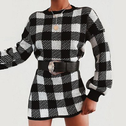 Lantern Sleeve Houndstooth Contrast Mini Dresses