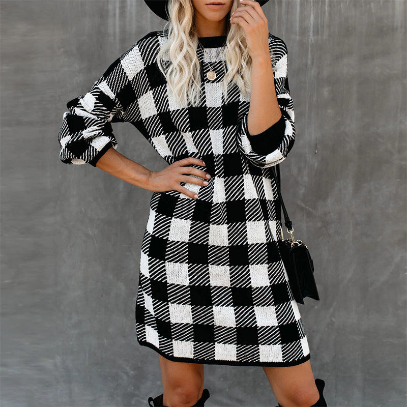 Lantern Sleeve Houndstooth Contrast Mini Dresses