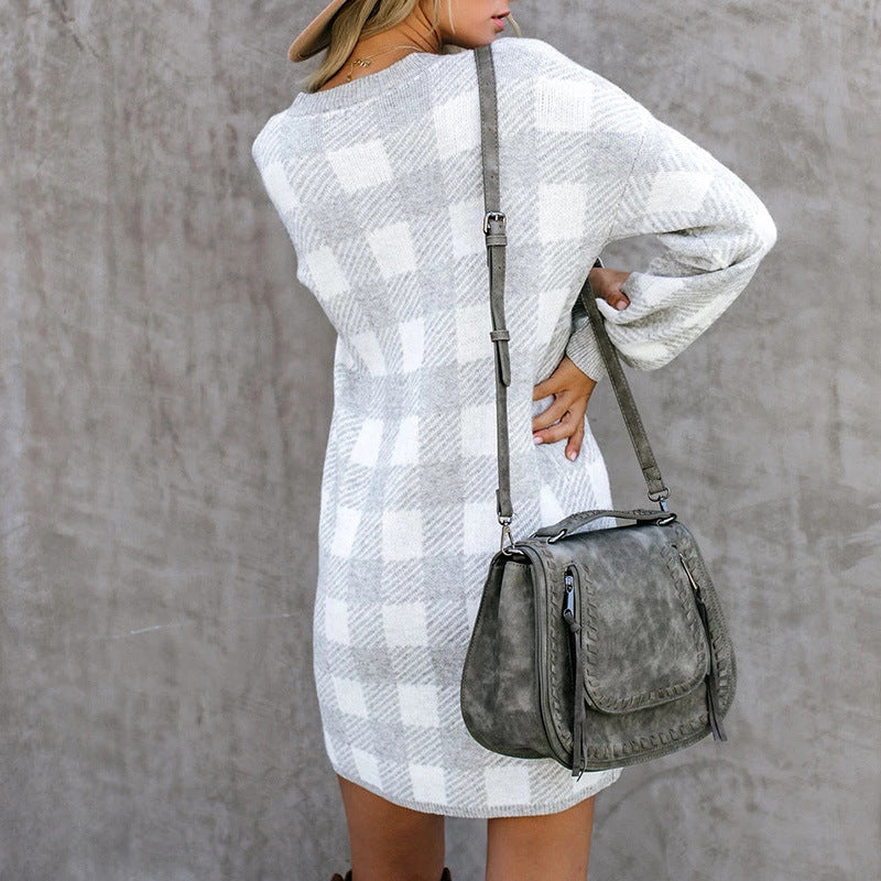 Lantern Sleeve Houndstooth Contrast Mini Dresses