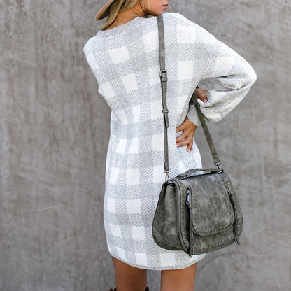 Lantern Sleeve Houndstooth Contrast Mini Dresses