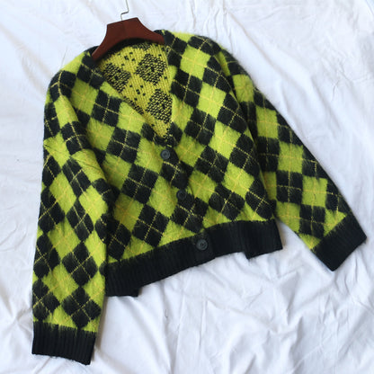 Single-breasted Checkerboard Knitting Short Cardigans