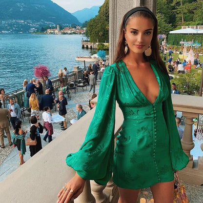 Party V-neck Lantern Sleeve Floral Bodycon Mini Dresses