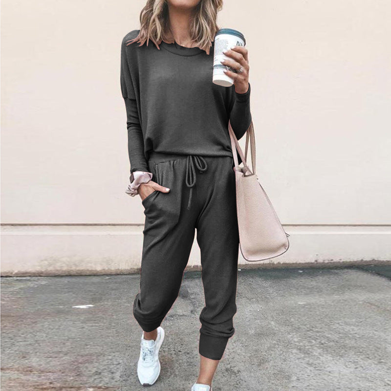 Round Collar Lace-up Long Sleeve Casual Two-piece Sport Set Home Workout Fitness Home Outfit