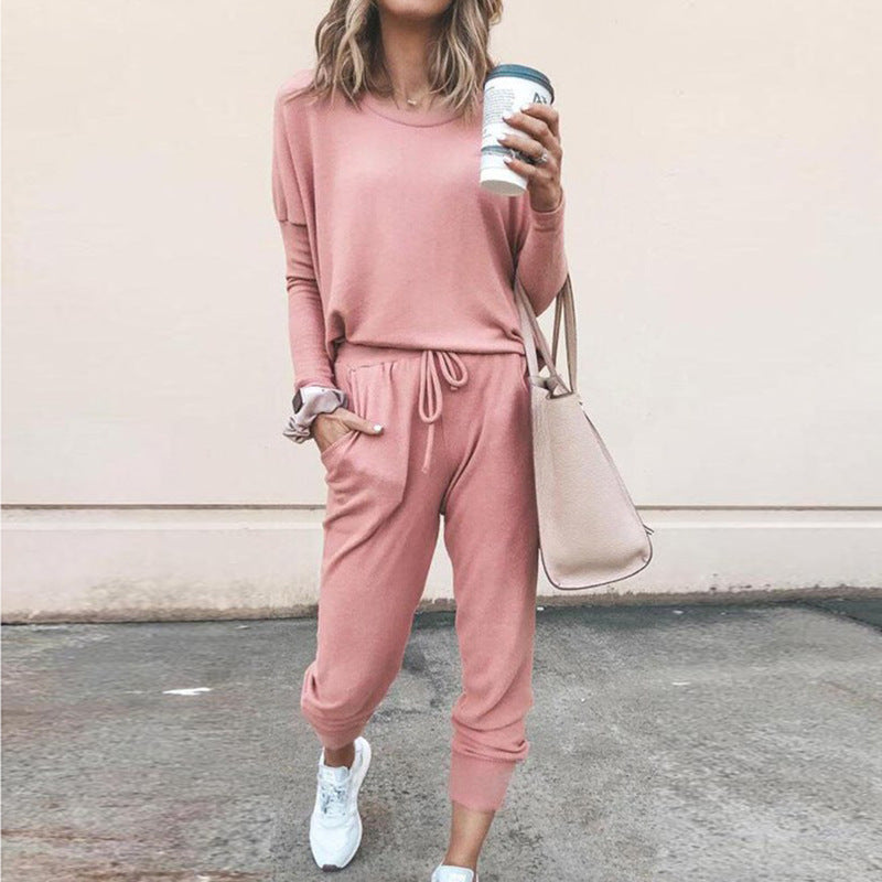 Round Collar Lace-up Long Sleeve Casual Two-piece Sport Set Home Workout Fitness Home Outfit