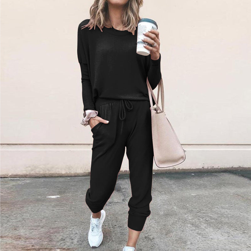 Round Collar Lace-up Long Sleeve Casual Two-piece Sport Set Home Workout Fitness Home Outfit