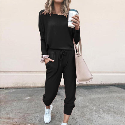 Round Collar Lace-up Long Sleeve Casual Two-piece Sport Set Home Workout Fitness Home Outfit