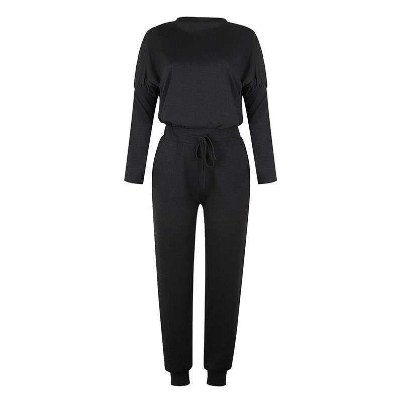 Round Collar Lace-up Long Sleeve Casual Two-piece Sport Set Home Workout Fitness Home Outfit