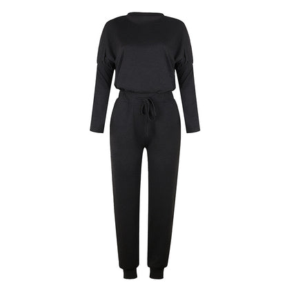 Round Collar Lace-up Long Sleeve Casual Two-piece Sport Set Home Workout Fitness Home Outfit