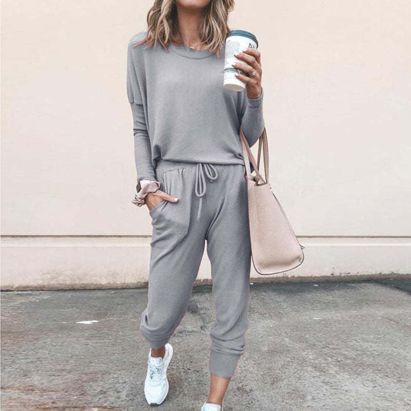 Round Collar Lace-up Long Sleeve Casual Two-piece Sport Set Home Workout Fitness Home Outfit