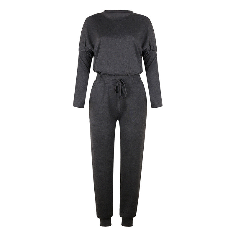 Round Collar Lace-up Long Sleeve Casual Two-piece Sport Set Home Workout Fitness Home Outfit