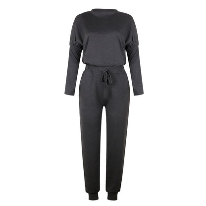 Round Collar Lace-up Long Sleeve Casual Two-piece Sport Set Home Workout Fitness Home Outfit
