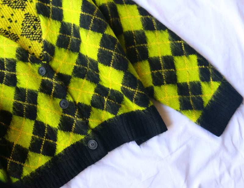 Single-breasted Checkerboard Knitting Short Cardigans