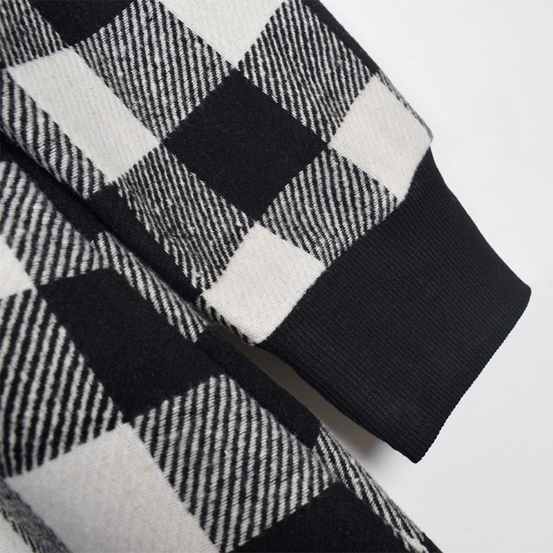 Lantern Sleeve Houndstooth Contrast Mini Dresses
