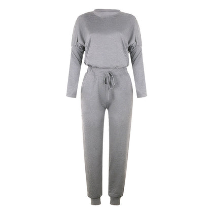 Round Collar Lace-up Long Sleeve Casual Two-piece Sport Set Home Workout Fitness Home Outfit