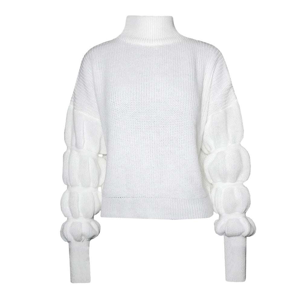 Lantern Sleeve High-collared Knit Sweaters