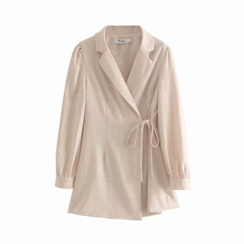 Pile Collar V-neck Lace-up Lantern Sleeve Blazers Mini Dresses