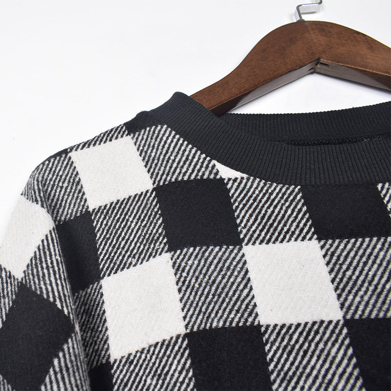 Lantern Sleeve Houndstooth Contrast Mini Dresses