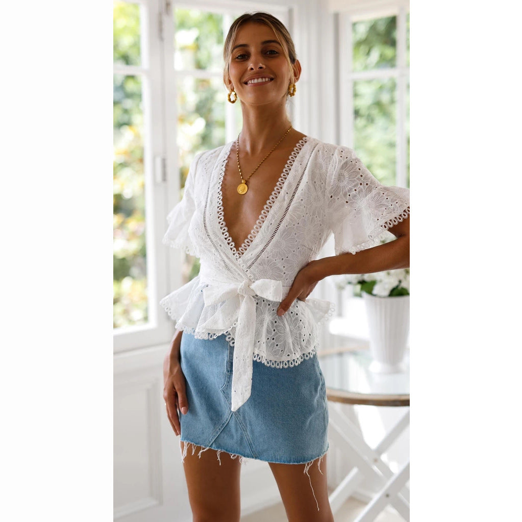 Vintage V-neck Hollow-out Lace Blouses Crop Tops