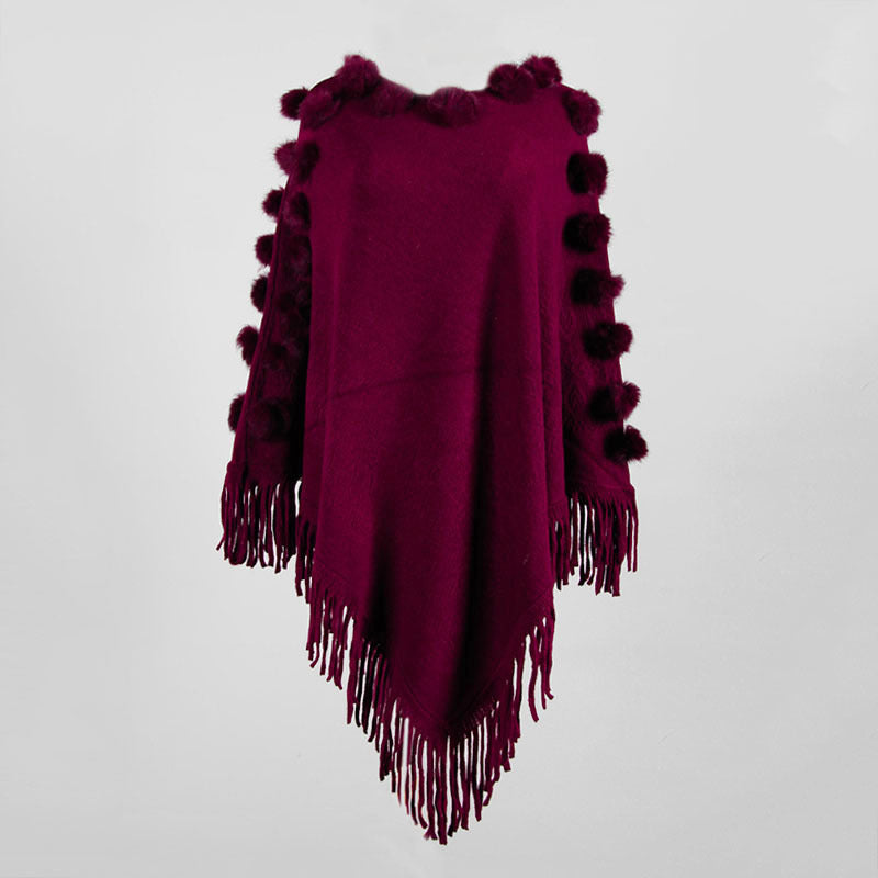 Floral Tassel Fringed Pullover Pompom Collar Sweater Cloak Shawl Cape
