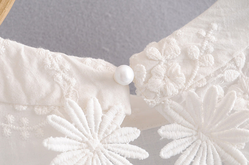 Embroidered Daisy Design Back Hollow Bubble Sleeve Stand Collar Shirt  