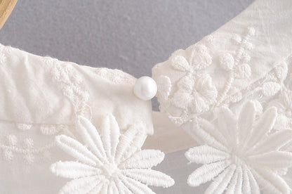 Embroidered Daisy Design Back Hollow Bubble Sleeve Stand Collar Shirt  