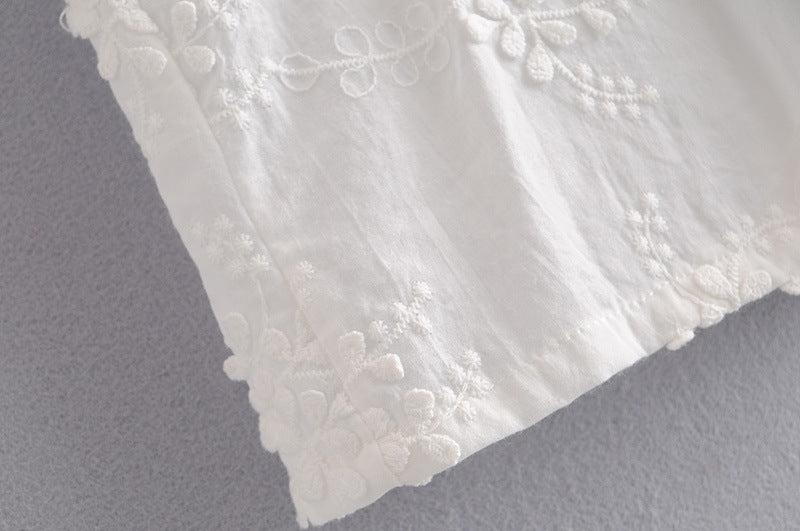 Embroidered Daisy Design Back Hollow Bubble Sleeve Stand Collar Shirt  