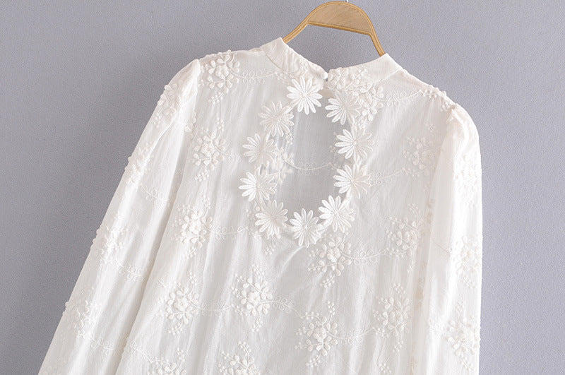 Embroidered Daisy Design Back Hollow Bubble Sleeve Stand Collar Shirt  