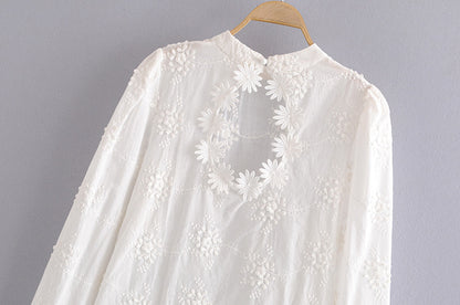 Embroidered Daisy Design Back Hollow Bubble Sleeve Stand Collar Shirt  