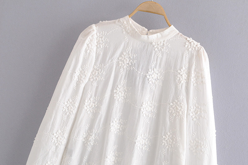 Embroidered Daisy Design Back Hollow Bubble Sleeve Stand Collar Shirt  