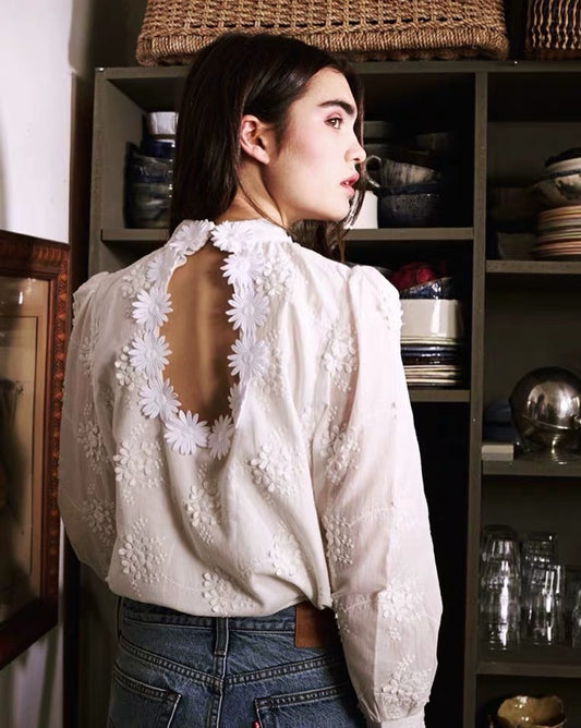 Embroidered Daisy Design Back Hollow Bubble Sleeve Stand Collar Shirt  