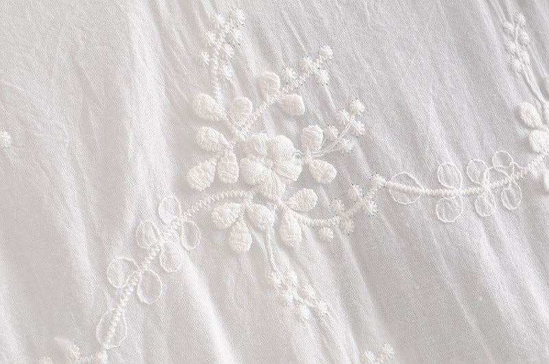 Embroidered Daisy Design Back Hollow Bubble Sleeve Stand Collar Shirt  