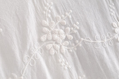 Embroidered Daisy Design Back Hollow Bubble Sleeve Stand Collar Shirt  