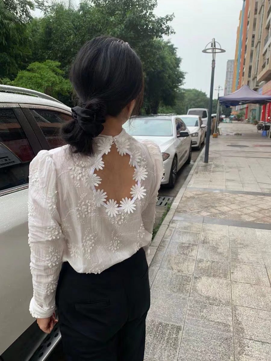 Embroidered Daisy Design Back Hollow Bubble Sleeve Stand Collar Shirt  