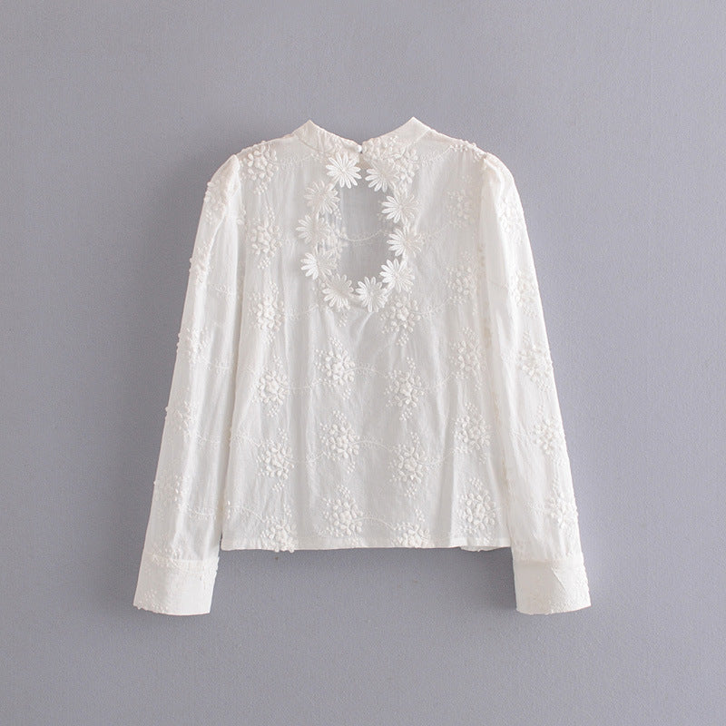 Embroidered Daisy Design Back Hollow Bubble Sleeve Stand Collar Shirt  