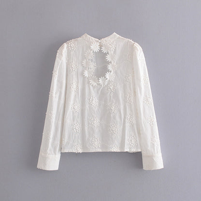 Embroidered Daisy Design Back Hollow Bubble Sleeve Stand Collar Shirt  