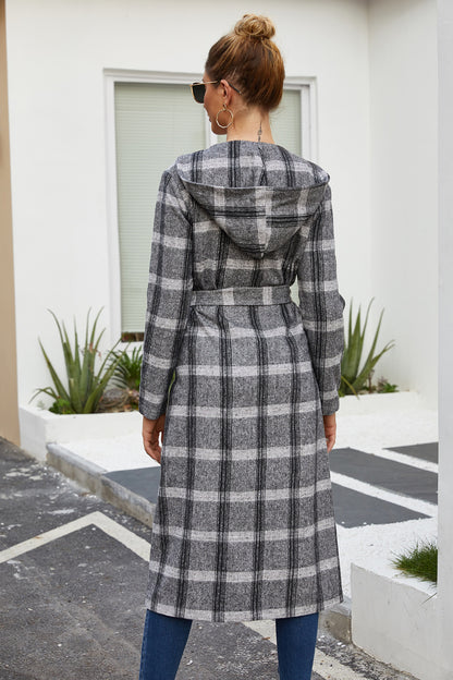 Classic Grid Plaid Hooded Cardigan Strappy Coat Outerwear