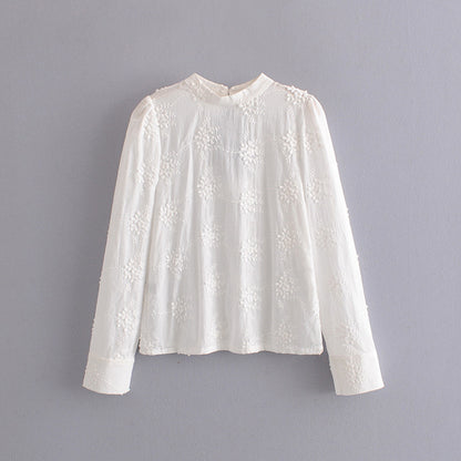 Embroidered Daisy Design Back Hollow Bubble Sleeve Stand Collar Shirt  