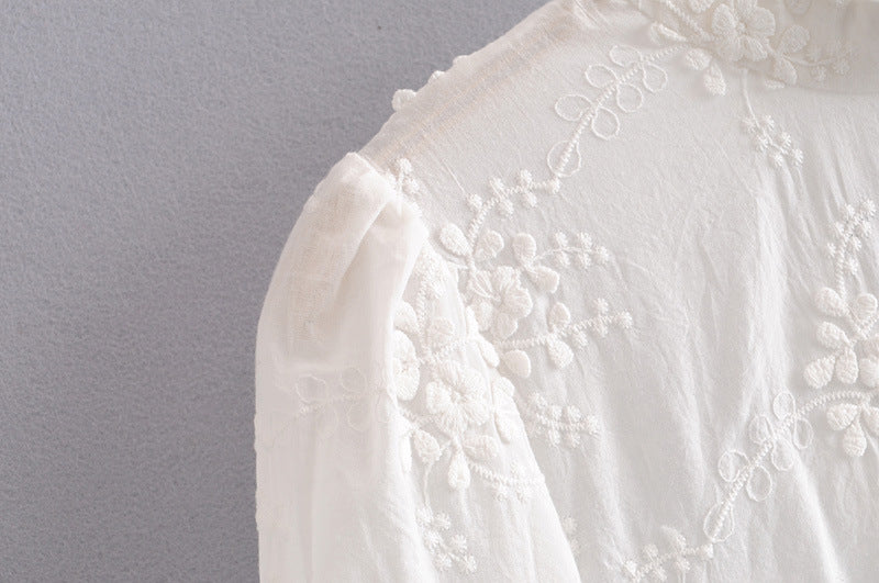 Embroidered Daisy Design Back Hollow Bubble Sleeve Stand Collar Shirt  