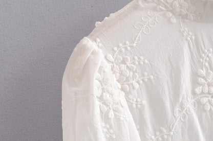 Embroidered Daisy Design Back Hollow Bubble Sleeve Stand Collar Shirt  